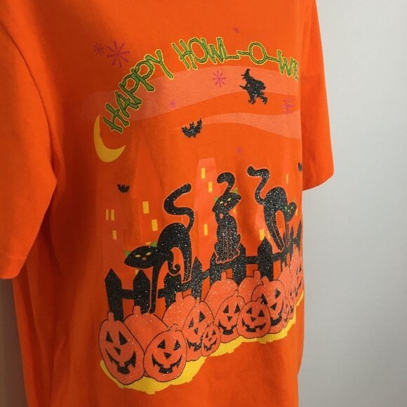 Halloween Top Womens L Orange Black Glitter Black Cat Graphic Fall Pumpkin Shirt - Picture 4 of 11